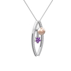 Pembe inci, pırlanta ve ametist 8 ayar beyaz altın kolye (0.3 karat, 40 cm beyaz altın rolo zincir)