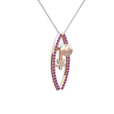 Pembe inci, ametist ve swarovski 14 ayar rose altın kolye (40 cm gümüş rolo zincir)