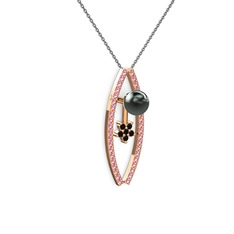 Siyah inci, pembe kuvars ve siyah zirkon 8 ayar rose altın kolye (40 cm gümüş rolo zincir)