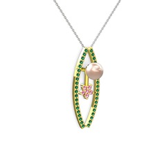 Lenta İnci Kolye - Pembe inci, yeşil kuvars ve pembe kuvars 14 ayar altın kolye (40 cm beyaz altın rolo zincir) #1jseya8