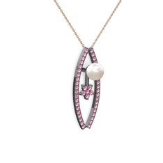 Lenta İnci Kolye - Inci ve pembe kuvars 925 ayar siyah rodyum kaplama gümüş kolye (40 cm rose altın rolo zincir) #1jyhsen