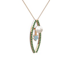 Lenta İnci Kolye - Inci, yeşil kuvars ve akuamarin 18 ayar rose altın kolye (40 cm rose altın rolo zincir) #1jyix35