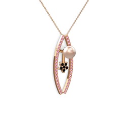 Lenta İnci Kolye - Pembe inci, pembe kuvars ve siyah zirkon 8 ayar rose altın kolye (40 cm rose altın rolo zincir) #1k4ziu