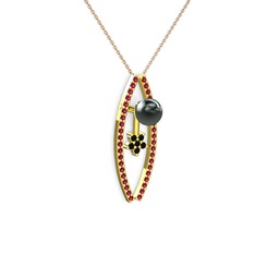 Siyah inci, rodolit garnet ve siyah zirkon 18 ayar altın kolye (40 cm rose altın rolo zincir)