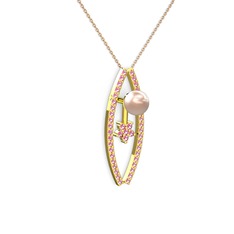 Pembe inci ve pembe kuvars 8 ayar altın kolye (40 cm rose altın rolo zincir)