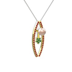 Lenta İnci Kolye - Pembe inci, rodolit garnet ve yeşil kuvars 18 ayar altın kolye (40 cm beyaz altın rolo zincir) #1kpffwj