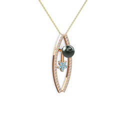 Siyah inci, swarovski ve akuamarin 8 ayar rose altın kolye (40 cm altın rolo zincir)