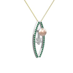 Lenta İnci Kolye - Pembe inci, yeşil kuvars ve swarovski 8 ayar beyaz altın kolye (40 cm gümüş rolo zincir) #1ks3vb2