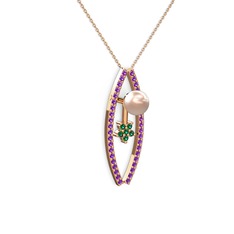 Lenta İnci Kolye - Pembe inci, ametist ve yeşil kuvars 8 ayar rose altın kolye (40 cm rose altın rolo zincir) #1kwumy0