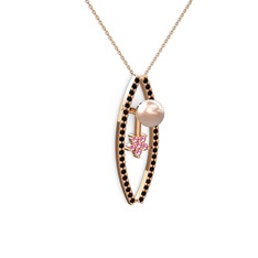 Lenta İnci Kolye - Pembe inci, siyah zirkon ve pembe kuvars 18 ayar rose altın kolye (40 cm rose altın rolo zincir) #1kzhhfq