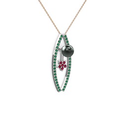 Siyah inci, yeşil kuvars ve rodolit garnet 18 ayar beyaz altın kolye (40 cm rose altın rolo zincir)