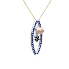 Pembe inci, lab safir ve siyah zirkon 18 ayar beyaz altın kolye (40 cm altın rolo zincir)