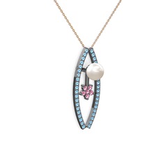 Lenta İnci Kolye - Inci, akuamarin ve pembe kuvars 925 ayar siyah rodyum kaplama gümüş kolye (40 cm rose altın rolo zincir) #1l2awh0
