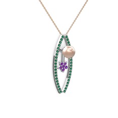 Lenta İnci Kolye - Pembe inci, yeşil kuvars ve ametist 8 ayar beyaz altın kolye (40 cm rose altın rolo zincir) #1ls8niq