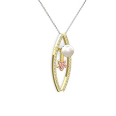 Lenta İnci Kolye - Inci, pırlanta ve pembe kuvars 925 ayar altın kaplama gümüş kolye (0.3 karat, 40 cm beyaz altın rolo zincir) #1lvt30b