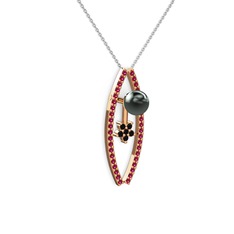 Siyah inci, rodolit garnet ve siyah zirkon 8 ayar rose altın kolye (40 cm beyaz altın rolo zincir)