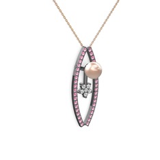 Lenta İnci Kolye - Pembe inci, pembe kuvars ve pırlanta 925 ayar siyah rodyum kaplama gümüş kolye (0.066 karat, 40 cm rose altın rolo zincir) #1mgca9w