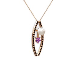 Lenta İnci Kolye - Inci, siyah zirkon ve ametist 18 ayar rose altın kolye (40 cm rose altın rolo zincir) #1mgf0cf