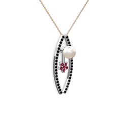 Lenta İnci Kolye - Inci, siyah zirkon ve rodolit garnet 18 ayar beyaz altın kolye (40 cm rose altın rolo zincir) #1mgihgv