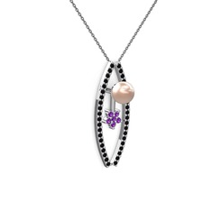 Lenta İnci Kolye - Pembe inci, siyah zirkon ve ametist 14 ayar beyaz altın kolye (40 cm gümüş rolo zincir) #1miji2q
