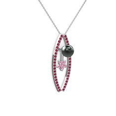 Siyah inci, rodolit garnet ve pembe kuvars 925 ayar gümüş kolye (40 cm gümüş rolo zincir)