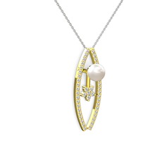 Lenta İnci Kolye - Inci, pırlanta ve swarovski 925 ayar altın kaplama gümüş kolye (0.3 karat, 40 cm beyaz altın rolo zincir) #1mt8apt