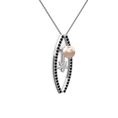 Lenta İnci Kolye - Pembe inci, siyah zirkon ve swarovski 925 ayar gümüş kolye (40 cm gümüş rolo zincir) #1n9g3la