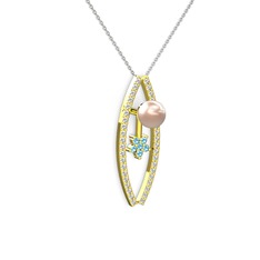 Lenta İnci Kolye - Pembe inci, swarovski ve akuamarin 925 ayar altın kaplama gümüş kolye (40 cm beyaz altın rolo zincir) #1nihh9w