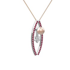 Lenta İnci Kolye - Pembe inci, rodolit garnet ve pırlanta 14 ayar beyaz altın kolye (0.066 karat, 40 cm rose altın rolo zincir) #1nmbq8z