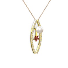 Lenta İnci Kolye - Inci, pırlanta ve rodolit garnet 14 ayar altın kolye (0.3 karat, 40 cm rose altın rolo zincir) #1nvmuuk