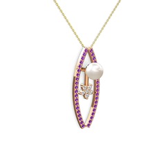 Inci, ametist ve swarovski 18 ayar rose altın kolye (40 cm altın rolo zincir)