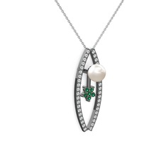 Lenta İnci Kolye - Inci, swarovski ve yeşil kuvars 925 ayar siyah rodyum kaplama gümüş kolye (40 cm beyaz altın rolo zincir) #1o1azuz