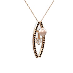 Lenta İnci Kolye - Pembe inci, siyah zirkon ve pırlanta 14 ayar rose altın kolye (0.066 karat, 40 cm rose altın rolo zincir) #1o6cilp