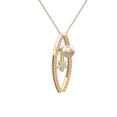 Lenta İnci Kolye - Pembe inci, pembe kuvars ve swarovski 8 ayar altın kolye (40 cm rose altın rolo zincir) #1o7kjso