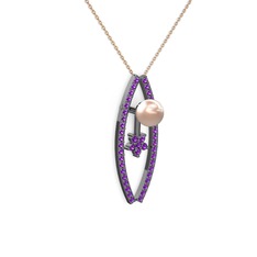 Lenta İnci Kolye - Pembe inci ve ametist 925 ayar siyah rodyum kaplama gümüş kolye (40 cm rose altın rolo zincir) #1o9uxb2