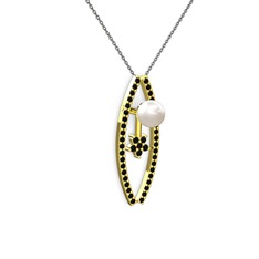 Inci ve siyah zirkon 18 ayar altın kolye (40 cm gümüş rolo zincir)