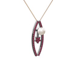 Lenta İnci Kolye - Inci ve rodolit garnet 925 ayar siyah rodyum kaplama gümüş kolye (40 cm rose altın rolo zincir) #1ocod44
