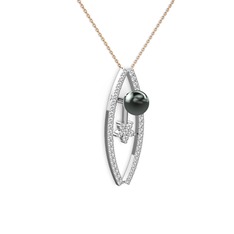 Siyah inci ve swarovski 18 ayar beyaz altın kolye (40 cm rose altın rolo zincir)