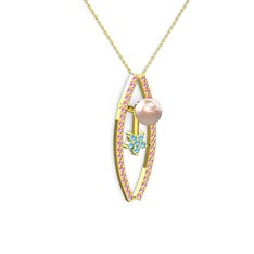 Lenta İnci Kolye - Pembe inci, pembe kuvars ve akuamarin 8 ayar altın kolye (40 cm altın rolo zincir) #1opjnty