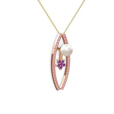 Lenta İnci Kolye - Inci, pembe kuvars ve ametist 8 ayar rose altın kolye (40 cm altın rolo zincir) #1p0i9o8