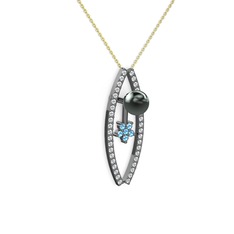 Lenta İnci Kolye - Siyah inci, swarovski ve akuamarin 925 ayar siyah rodyum kaplama gümüş kolye (40 cm gümüş rolo zincir) #1p2kv24