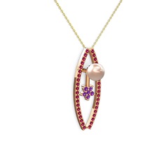 Pembe inci, rodolit garnet ve ametist 18 ayar rose altın kolye (40 cm gümüş rolo zincir)