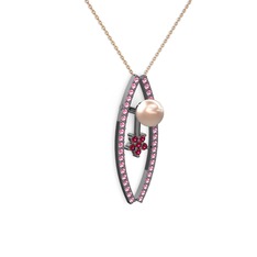 Pembe inci, pembe kuvars ve rodolit garnet 925 ayar siyah rodyum kaplama gümüş kolye (40 cm rose altın rolo zincir)