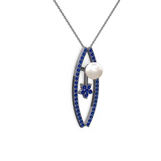 Lenta İnci Kolye - Inci ve lab safir 925 ayar siyah rodyum kaplama gümüş kolye (40 cm gümüş rolo zincir) #1p5d2o4