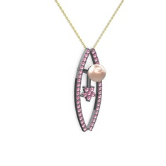 Lenta İnci Kolye - Pembe inci ve pembe kuvars 925 ayar siyah rodyum kaplama gümüş kolye (40 cm gümüş rolo zincir) #1p6glsr