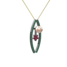 Lenta İnci Kolye - Pembe inci, yeşil kuvars ve rodolit garnet 925 ayar siyah rodyum kaplama gümüş kolye (40 cm altın rolo zincir) #1p781vl