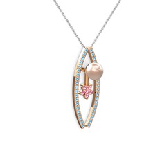 Pembe inci, akuamarin ve pembe kuvars 8 ayar rose altın kolye (40 cm beyaz altın rolo zincir)