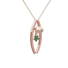 Lenta İnci Kolye - Pembe inci, pembe kuvars ve yeşil kuvars 925 ayar rose altın kaplama gümüş kolye (40 cm rose altın rolo zincir) #1pa5ydr