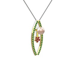 Pembe inci, yeşil kuvars ve rodolit garnet 925 ayar altın kaplama gümüş kolye (40 cm gümüş rolo zincir)