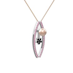 Pembe inci, pembe kuvars ve siyah zirkon 14 ayar beyaz altın kolye (40 cm rose altın rolo zincir)